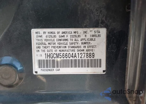 2004 Honda Accord 2.4 Ex from USA, damaged, VIN 1HGCM56604A127889